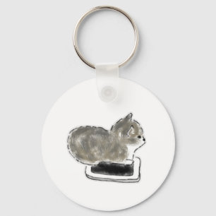 Grey Kitten On Smartphone Pencil Art Key Ring