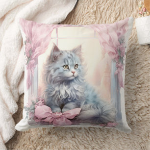  Grey Kitten Pink Bow Cushion