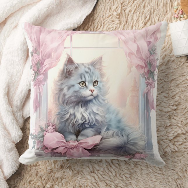  Grey Kitten Pink Bow Cushion (Blanket)