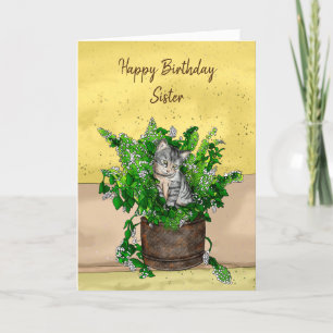 Grey Kitten sitting in a Pot of Catnip Birthday Card