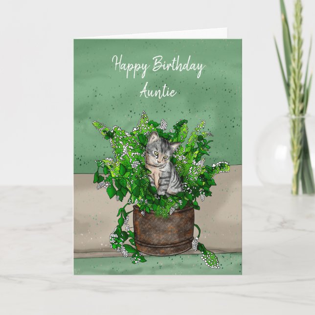Grey Kitten sitting in a Pot of Catnip Birthday    Card (Front)