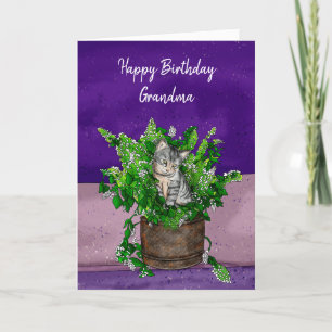 Grey Kitten sitting in a Pot of Catnip Birthday Card