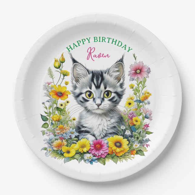 Grey Kitten Themed  Girl's Birthday Party Invite Paper Plate (Front)