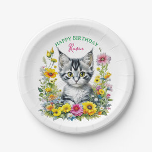 Grey Kitten Themed Girl's Birthday Party Invite Paper Plate