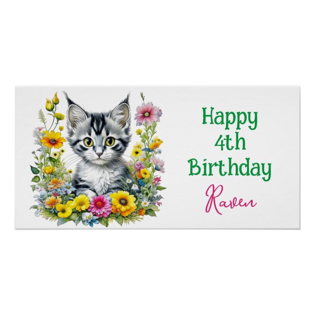 Grey Kitten Themed  Girl's Birthday Party Invite Poster (Front)