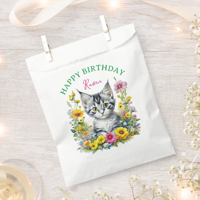 Grey Kitten Themed  Girl's Birthday Personalised Favour Bag (Clipped)