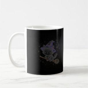 Grey Kitten Witch on Broomstick Halloween Mug