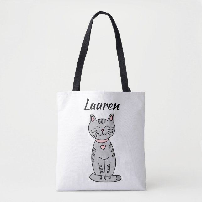 Grey Kitty Cat Personalised Tote Bag (Front)