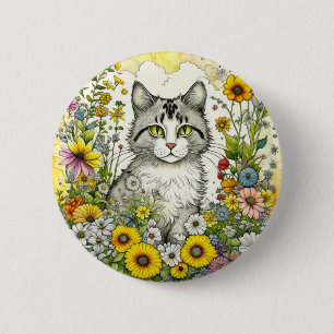 Grey Kitty Cat Sitting in Flowers 6 Cm Round Badge