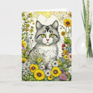 Grey Kitty Cat Sitting in Flowers Birthday Card