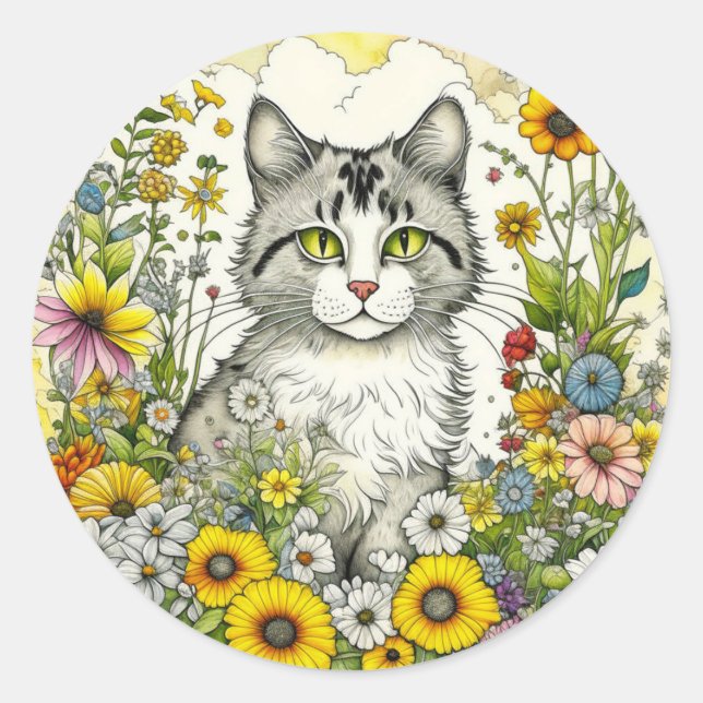 Grey Kitty Cat Sitting in Flowers  Classic Round Sticker (Front)