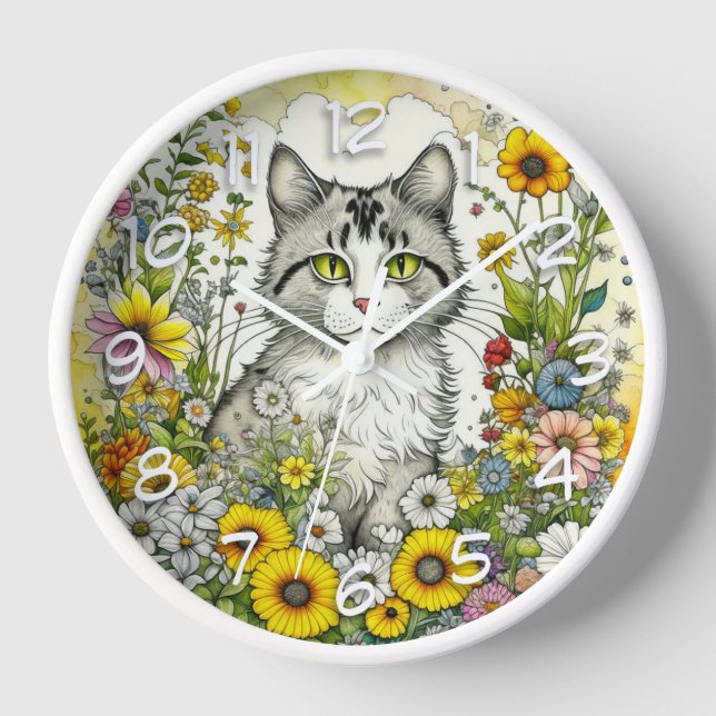 Grey Kitty Cat Sitting in Flowers  Clock (Front)