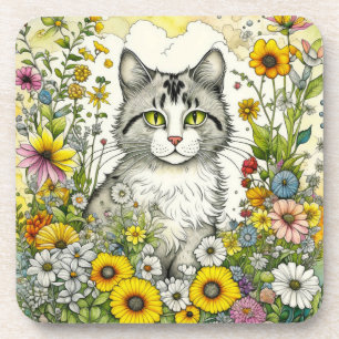 Grey Kitty Cat Sitting in Flowers Coaster