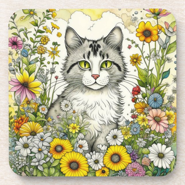 Grey Kitty Cat Sitting in Flowers  Coaster (Front)