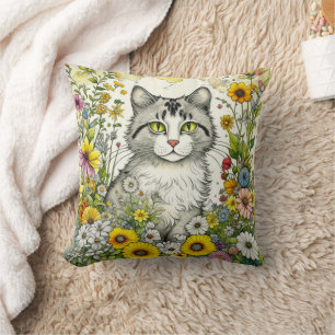 Grey Kitty Cat Sitting in Flowers Cushion