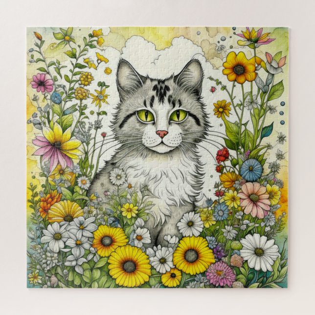 Grey Kitty Cat Sitting in Flowers  Jigsaw Puzzle (Horizontal)