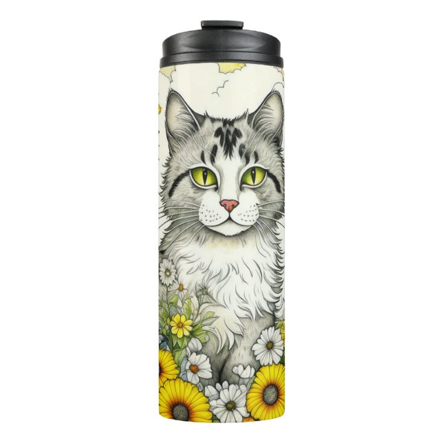 Grey Kitty Cat Sitting in Flowers  Thermal Tumbler (Front)