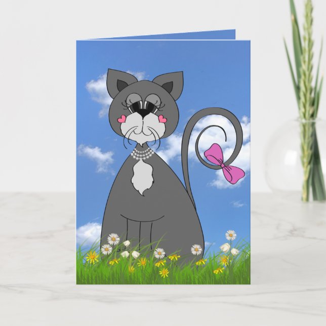 grey kitty in grass birthday card (Front)