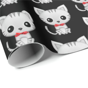 Grey kitty on black wrapping paper