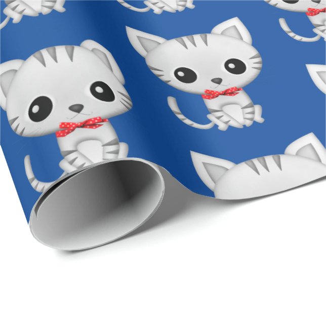 Grey kitty on blue wrapping paper (Roll Corner)