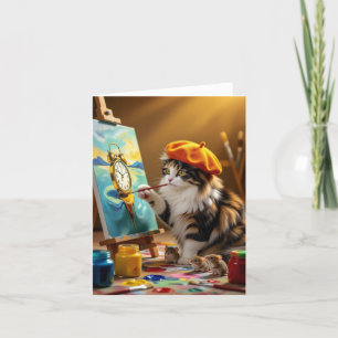 Grey Kitty Painting Clock Thank You Card