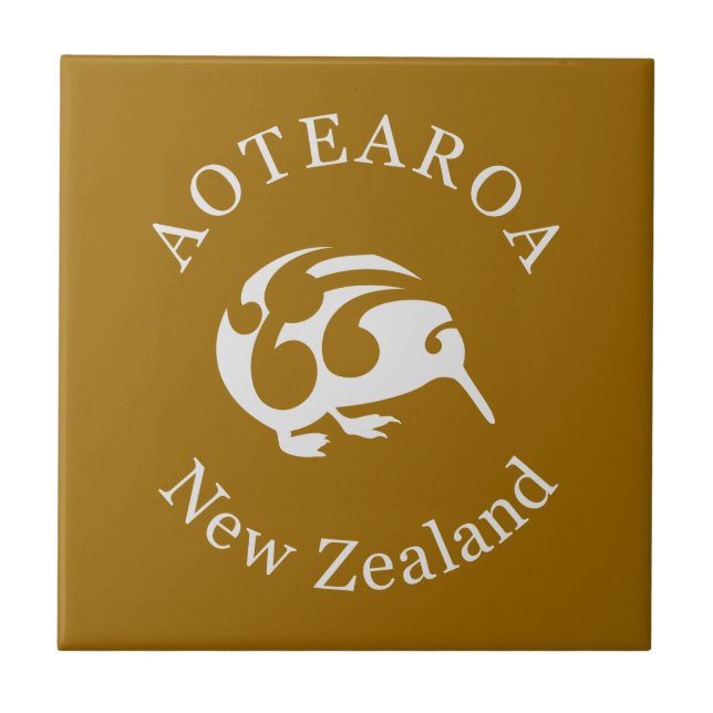Grey Kiwi with Koru, Aotearoa, New Zealand Ceramic Tile (Front)