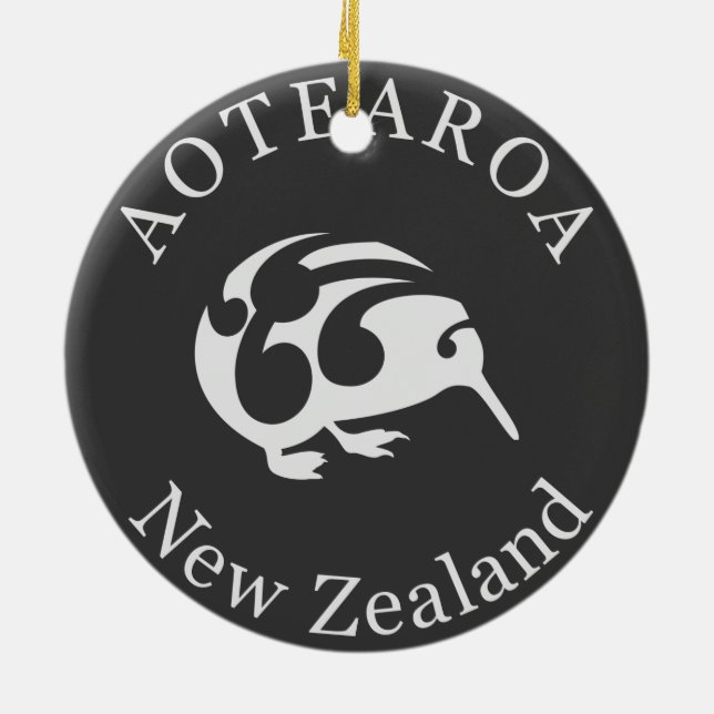 Grey Kiwi with Koru, Aotearoa, New Zealand Ceramic Tree Decoration (Back)