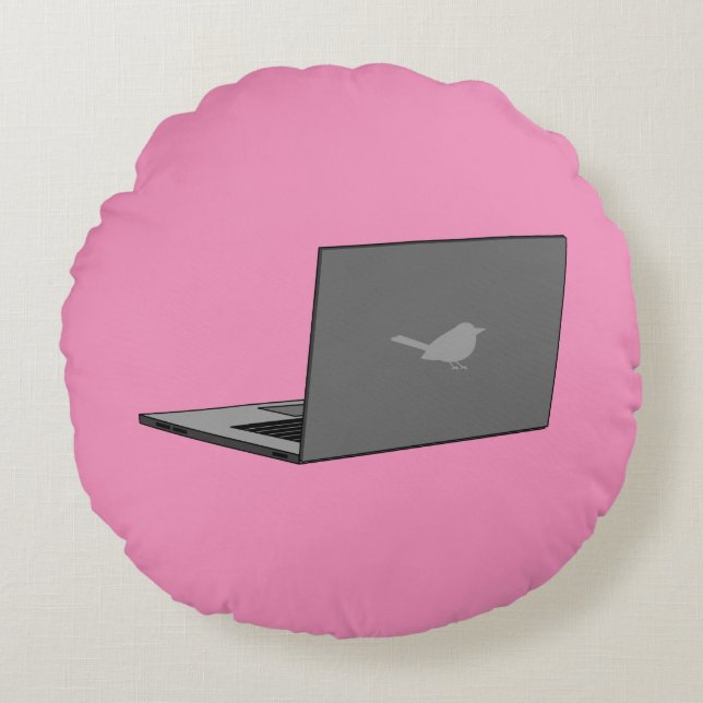 Grey Laptop with Bird Logo Cartoon Round Cushion (Front)