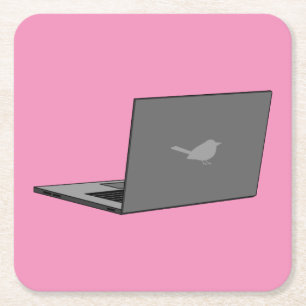 Grey Laptop with Bird Logo Cartoon Square Paper Coaster