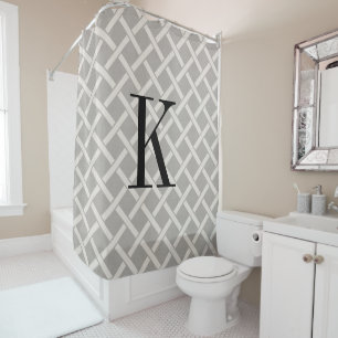 Grey Lattice Large Monogram   Farmhouse Bathroom Shower Curtain