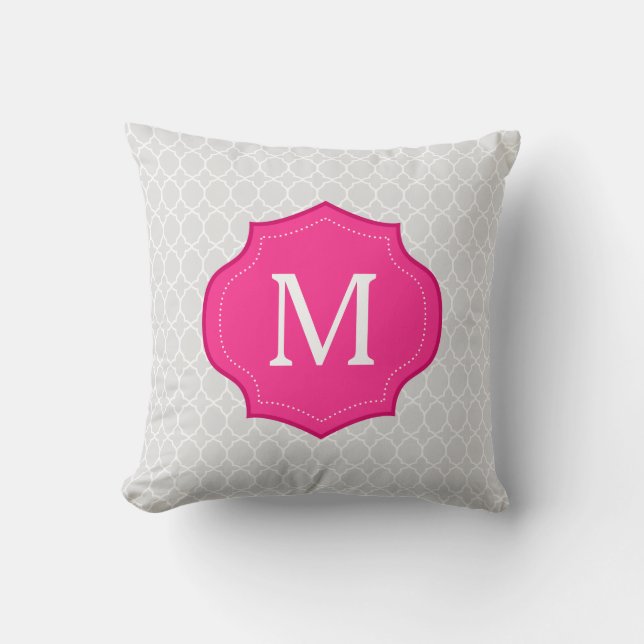Grey Lattice Pattern Hot Pink Monogram Cushion (Front)