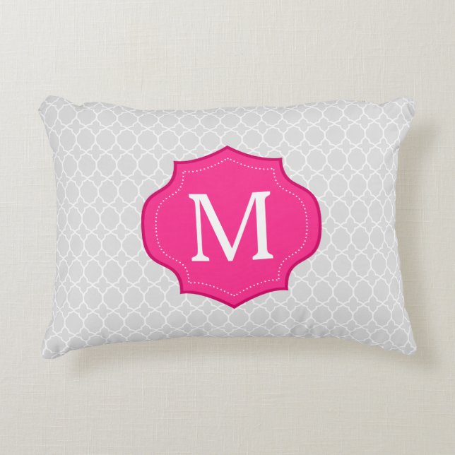 Grey Lattice Pattern Hot Pink Monogram Decorative Cushion (Front)