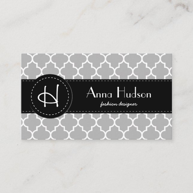 Grey Latticework, Quatrefoil, Moroccan Trellis Business Card (Front)