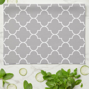 Grey Latticework, Quatrefoil, Moroccan Trellis Tea Towel