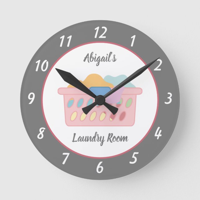 Grey Laundry Room Personalised Round Clock (Front)