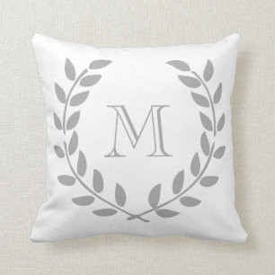 Grey Laurel Wreath Monogram Throw Pillow