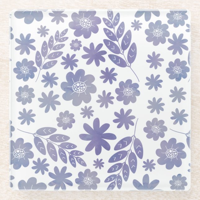 Grey & Lavender Floral Pattern Glass Coaster (Front)