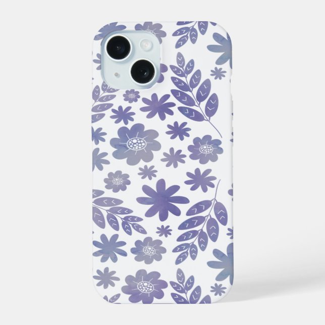Grey & Lavender Floral Pattern iPhone 15 Case (Back)