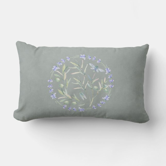 Grey Lavender Olive Branch and Bee Wreath Lumbar Cushion (Front)