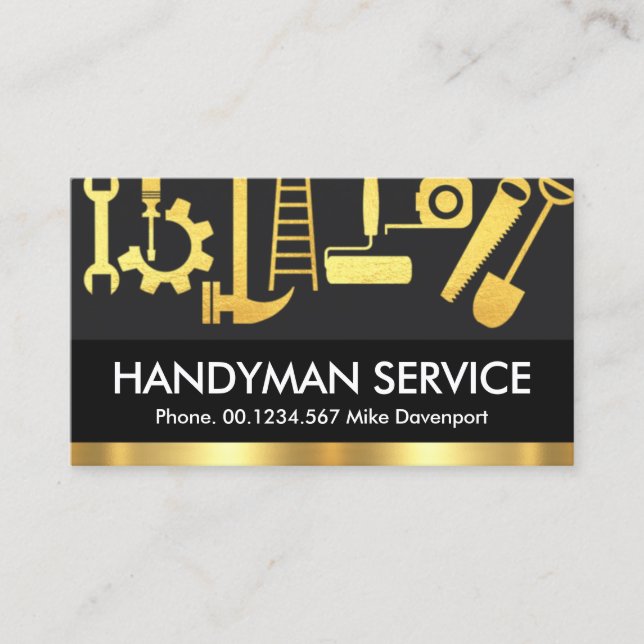 Grey Layers Gold Handyman Tools Business Card (Front)