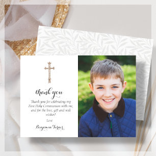 Grey Leaf   First Communion Thank You Cards