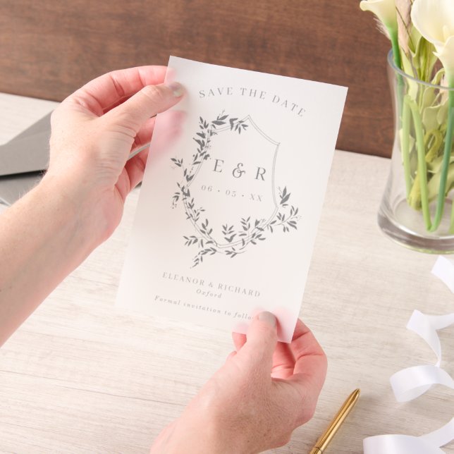 Grey Leafy Crest Monogram Save The Date Vellum Invitations (Handheld)