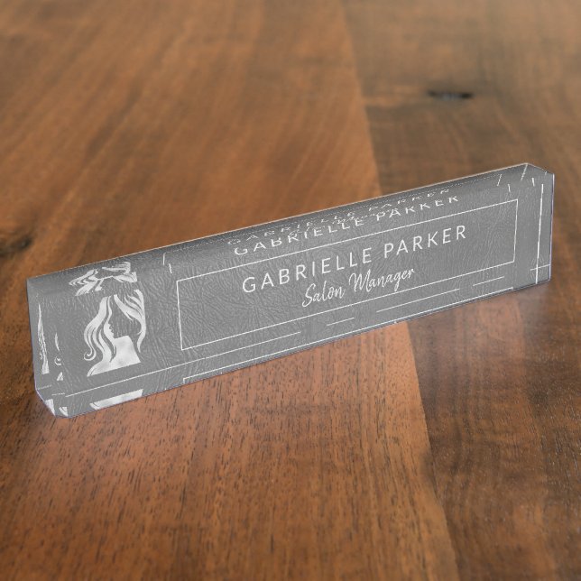 Grey Leather and Silver Logo Hair Salon Manager Nameplate (Side)