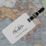 Grey leather monogram name luggage tag<br><div class="desc">Grey faux leather print as background. Personalise and add your first name,  monogram letters and full name on the front. Your contact information on the back.  Black text.</div>