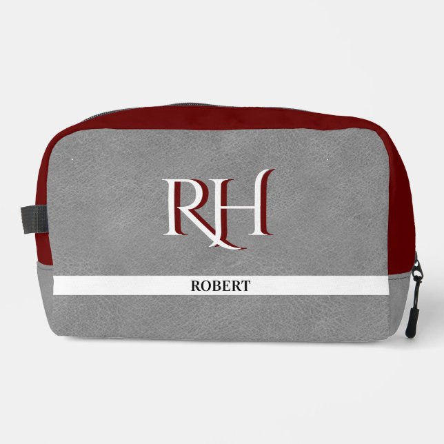 Grey Leather Texture Trim Custom Monogram Name   Dopp Kit (Front)
