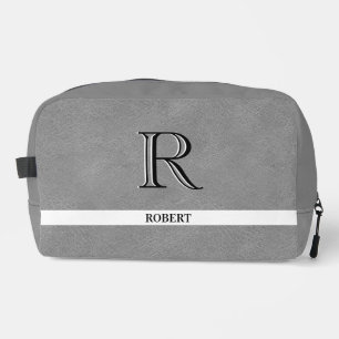 Grey Leather Texture Trim White Monogram Name Dopp Kit