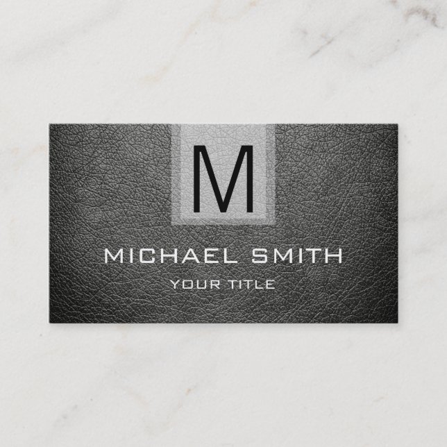 Grey Leather Textured Monogram Business Card (Front)