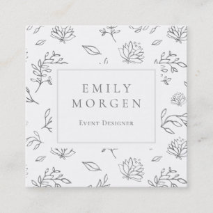 Grey leaves and flowers outline illustration square business card