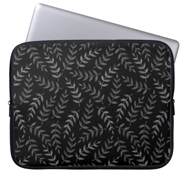 Grey leaves pattern on black laptop sleeve (Front)