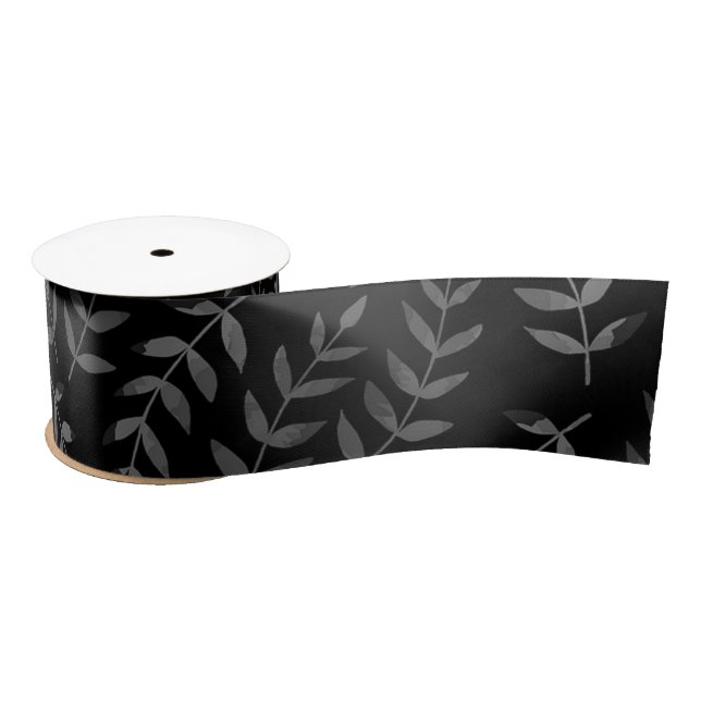 Grey leaves pattern on black satin ribbon (Spool)